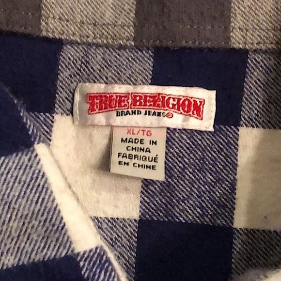 TRUE RELIGION Fleece Long Sleeve Navy White Plaid Western Button Down Shirt XL - Picture 2 of 12